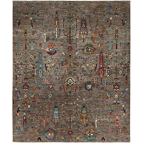 Butternut Gray, 100% Wool, Vegetable Dyes, Colorful Afghan Sultani Tree Design, Hand Knotted, Dense Weave Oriental Rug