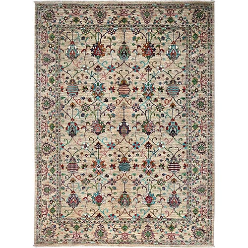 Parchment Beige, Afghan Sultani Pomegranate Design, Pure Dyes, Densely Woven, Natural Wool, Hand Knotted, Oriental 