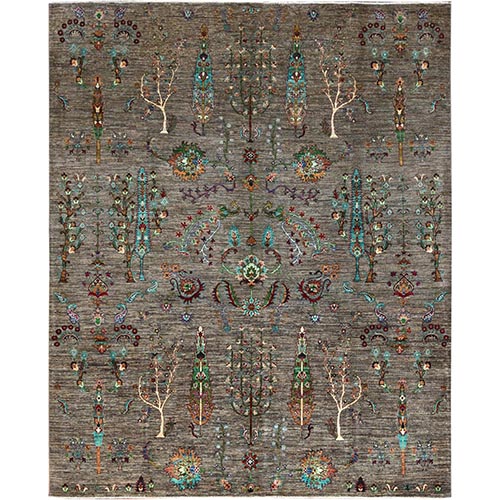 Greige Gray, Vegetable Dyes, Velvet Wool, Densely Woven Afghan Sultani Cypress Tree Design, Hand Knotted, Oriental Rug
