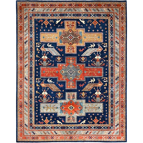 Gibraltar Blue, 200 KPSI Hand Knotted Armenian Inspired Caucasian Design with Small Bird Figurines Organic Wool, Vegetable Dyes Densely Woven, Oriental Oversized Rug