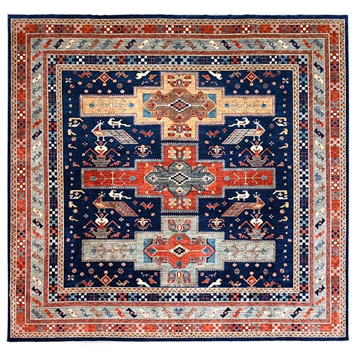 Hague Blue and Matte Silver Gray, Hand Knotted Armenian Inspired Caucasian Design with Small Birds Figurines 200 KPSI, Natural Dyes, Densely Woven, Soft Wool Square Oriental Rug