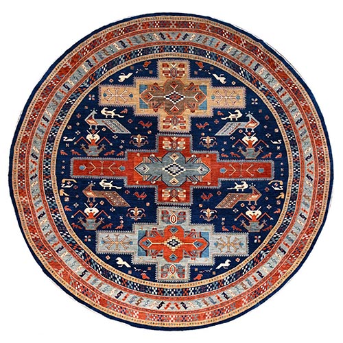 Ralph Lauren Blue, Gray Border, Armenian Inspired Caucasian Design with Small Birds Figurines, 100% Wool, Hand Knotted 200 KPSI Densely Woven and Natural Dyes, Round Oriental Rug