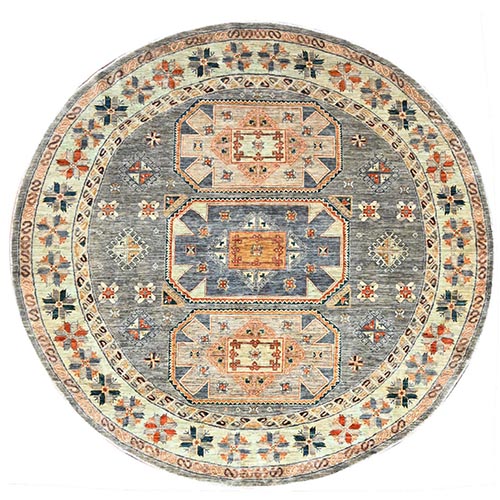 Seared Gray, Extra Soft Wool 200 KPSI, Armenian Inspired Caucasian Design, Vegetable Dyes, Hand Knotted, Round Oriental Rug