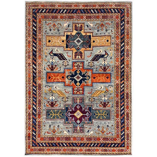 Dreamscape Gray with Hague Blue Border, Densely Woven Vibrant Wool, Hand Knotted 200 KPSI, Armenian Inspired Caucasian Design, Oriental Rug