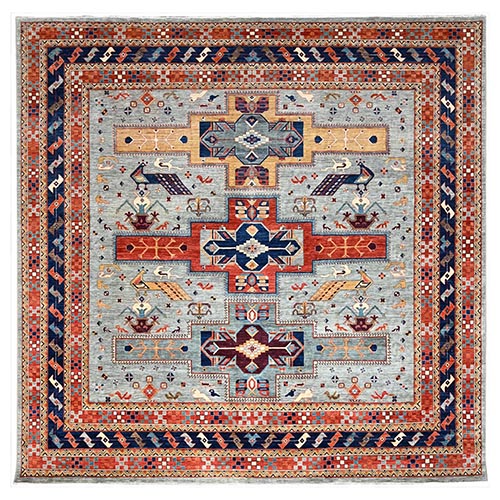 Stormy Sky Gray, Dense Weave and Natural Dyes, All Wool, 200 KPSI, Armenian Inspired Caucasian Design and Small Bird Figurines, Square Hand Knotted Oriental Rug