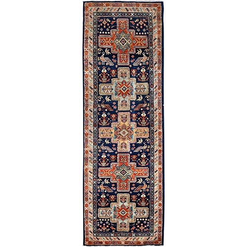 Sailor Blue, Densely Woven Armenian Inspired Caucasian Design With Small Animal Figurines, Soft and Velvety Wool, 200 KPSI, Hand Knotted with Natural Dyes, Runner Oriental Rug