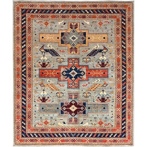 Hint and Mint Gray, Natural Wool Natural Dyes, Armenian Inspired Caucasian Design Densely Woven, Hand Knotted 200 KPSI, Oversized Oriental Rug