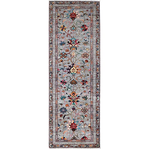 Aleutian Gray, Colorful Hand Knotted, Sultani Flower Blossom Design, Scroll and Vein Design, Shiny and Soft Wool, Natural Dyes, Densely Woven Oriental Wide Runner Rug