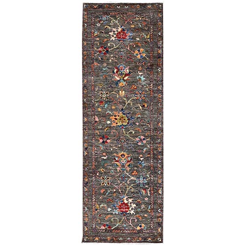 Laurel Oak Gray, All Wool Hand Knotted Afghan Sultani Flower Blossom Design With Scroll and Vine, Dense Weave and Natural Dyes Wide Runner Rug