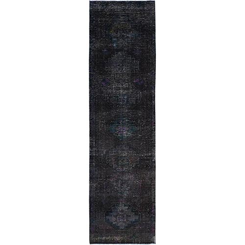 Charcoal Black, Hand Knotted, Overdyed, Vintage Persian Geometric Hamadan, Good Condition Borderless, Evenly Worn, Cropped Thin and Sheared Low, Sides and Ends Secured, Professionally Cleaned, Oriental Wide and Long Runner 