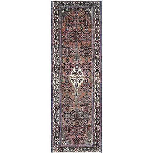 Porcini Brown, Old Persian Hussainabad Distressed 100% Wool Abrash Hand Knotted, Evenly Worn, Cleared, Sides and Ends Professionally Secured, Wide and Long Runner, Sheared Low and Cropped Thin Oriental 