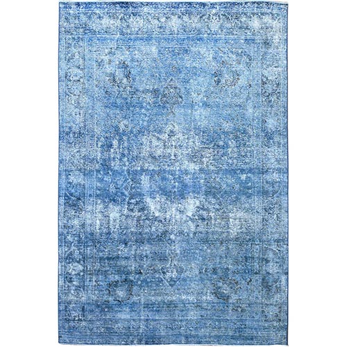Hawaiian Surf Blue, Excellent Condition, Cropped Thin and Sheared Low, Hand Knotted Sides and Ends Secured, Professionally Cleaned, Evenly Worn Vibrant Wool, Overdyed Old Persian Tabriz, Oriental 