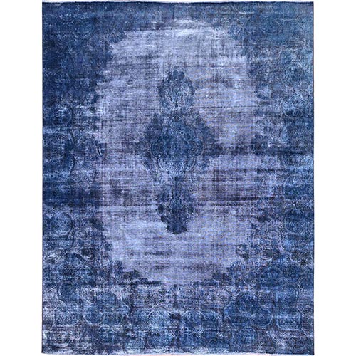 Nightshadow Blue, Overdyed, Vintage Persian Kerman, Extra Soft Wool, Worn and Distressed, Tone on Tone, Shaved Down, Hand Knotted, Cleaned with Sides and Edges Professionally Secured Oriental 