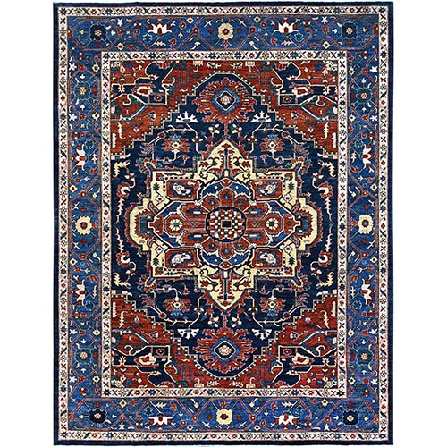 Space Cadet Blue, Densely Woven Extra Soft Wool, Hand Knotted With Large Centre Geometric Element, Natural Dyes With Carnelian Red Corners, Afghan Peshawar Serapi Heriz, Oriental Rug