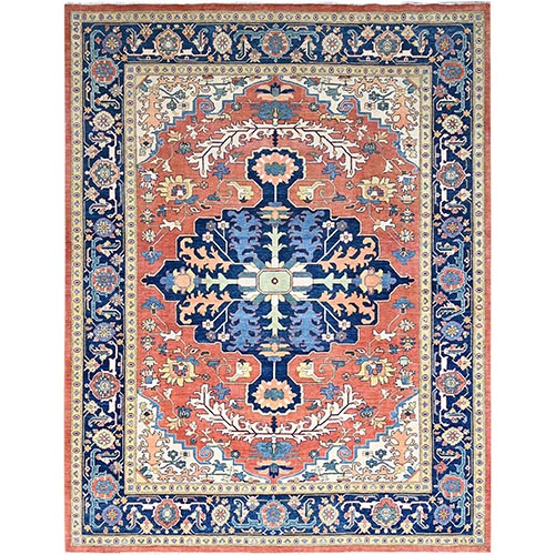 Blush Red With Cerulean Blue, Vegetable Dyes, Afghan Peshawar Serapi Heriz Open Field Design, Densely Woven, 100% Wool Hand Knotted, Oriental 