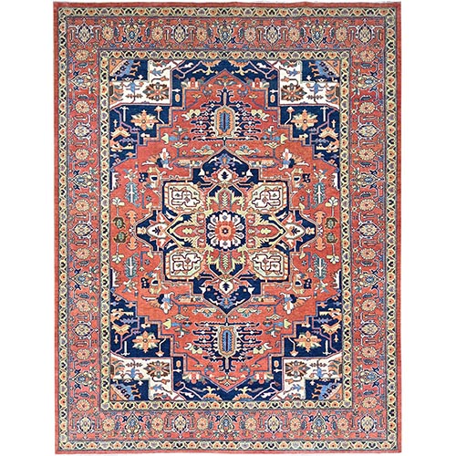 Salmon Red With Navy Blue Corner Panels, Afghan Peshawar Hand Knotted Heriz Serapi With Large Center Medallion Design, Vegetable Dyes Pure Wool, Densely Woven, Oriental 