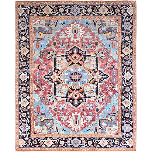 Yarrow Pink With Grotto Blue Border, Vegetable Dyes, Hand Knotted, Afghan Peshawar Serapi Heriz With Central Diamond Shaped Motif Design, Natural Wool Denser Weave Oriental 