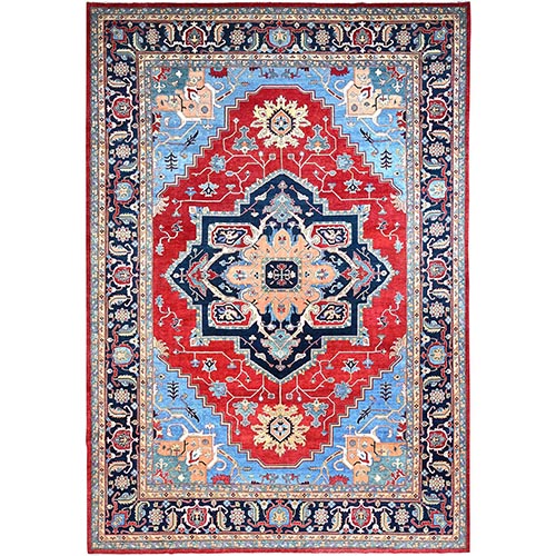 Venetian Red, Delft Blue Border, Afghan Peshawar Serapi and Heriz Tribal Design, Hand Knotted, Soft Wool, Vegetable Dyes, Densely Woven Oriental Oversized 