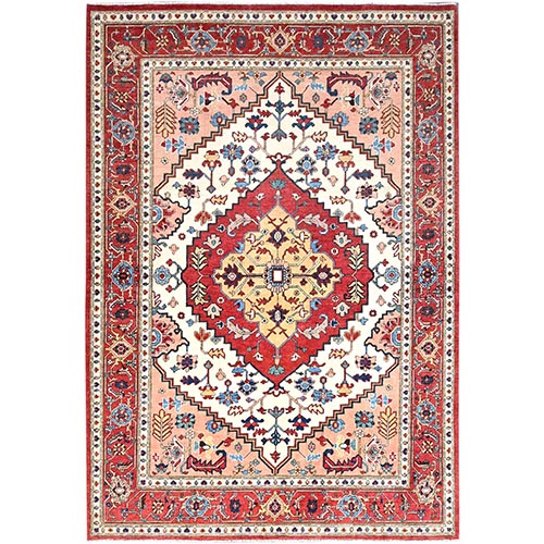 Sweet Corn White and Fire Brick Red, Afghan Peshawar Hand Knotted Vibrant Wool Heriz Serapi Design, Denser Weave and Vegetable Dyes, Oriental 