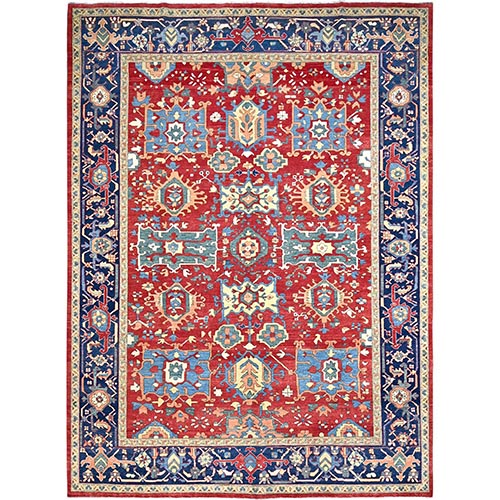 Ruby Red With Lapis Lazuli Blue, Afghan Peshawar Serapi Heriz with All Over Motifs Design, Vegetable Dyes, Hand Knotted Organic Wool, Denser Weave, Oriental 