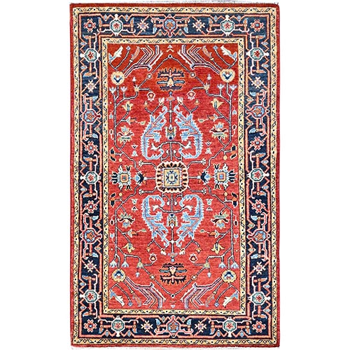 Scarlet Red With Loyal Blue Broder, Pure Wool, Natural Dyes, Hand Knotted Densely Woven, Afghan Peshawar Serapi Heriz Design, Oriental 