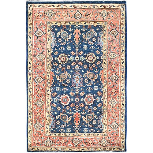 Pacific Pleasure Blue, Densely Woven, Natural Dyes 100% Wool, Hand Knotted Afghan Peshawar With Serapi Heriz Design, Oriental 