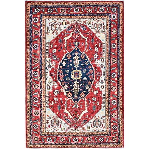 Smoke Gray, Red Border, Hand Knotted, Velvety and Soft Wool, Densely Woven, Afghan Serapi Heriz Design With Central Motif, Natural Dyes, Oriental 