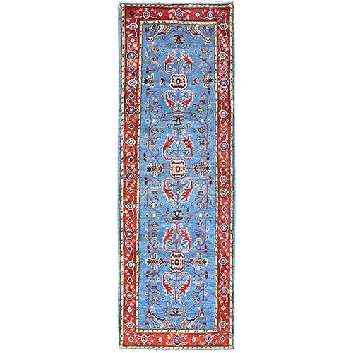 Alaskan Blue With Red Border, Afghan Peshawar Densely Woven, Shiny Wool, Hand Knotted Serapi Heriz Design, Natural Dyes, Oriental Runner Rug