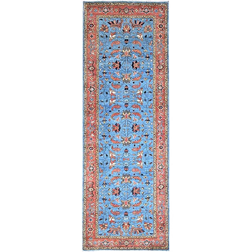 Faience Blue and Quartz Rose Red, Vegetable Dyes, Hand Knotted Densely Woven, Natural Wool, Afghan Peshawar With Serapi Heriz Design, Runner Oriental Rug
