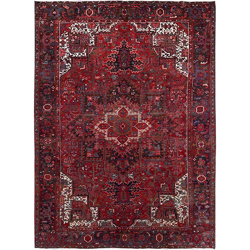 Ladybug Red, Evenly Worn, Cleaned and Secured Sides and Ends, Sheared Low, Vivid and Shiny Wool, Distressed Vintage Persian Heriz Hand Knotted Oriental 