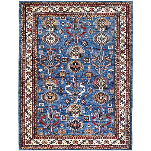 Campanula Blue and Ballet White Border, Shiny and Vibrant Wool, Vegetable Dyes, Afghan Super Kazak with All Over Medallions, Hand Knotted, Denser Weave Oriental Rug 