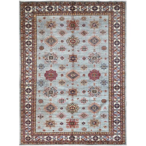 Puritan Gray, Cloud White Border, Hand Knotted Densely Woven, Afghan Super Kazak with All Over Geometric Motifs, Soft, Velvety Wool, Natural Dyes, Oriental Rug 