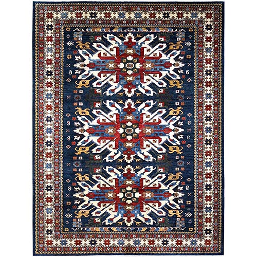Estate Blue With Simply White, Organic Wool, Afghan Eagle Super Kazak, Hand Knotted Triple Medallions Design, Densely Woven Vegetable Dyes, Oriental Rug  
