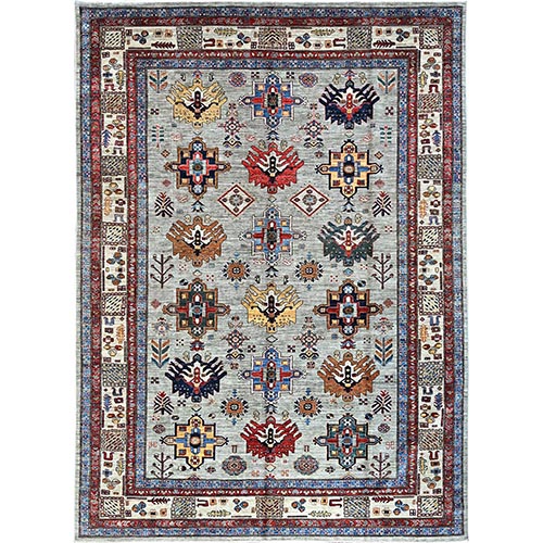 Mirage Gray, Afghan Super Kazak with Tribal Medallions, Natural Dyes Densely Woven, Extra Soft Wool Hand Knotted, Oriental Rug 