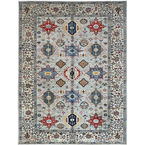 Pigeon Gray With Swiss Coffee White, 100% Wool, Afghan Super Kazak with Large Geometric Medallions Pattern, Densely Woven Natural Dyes, Hand Knotted, Oriental Rug