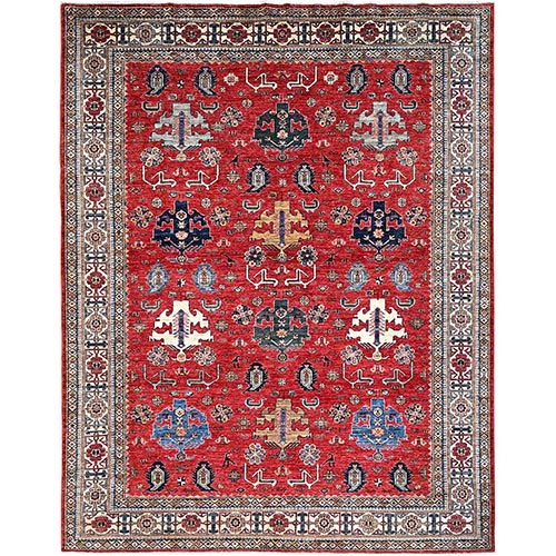 Lychee Red With Wevet White, Afghan Super Kazak With All Over Medallions, Natural Dyes, Densely Woven, Pure Wool, Hand Knotted, Oriental Rug