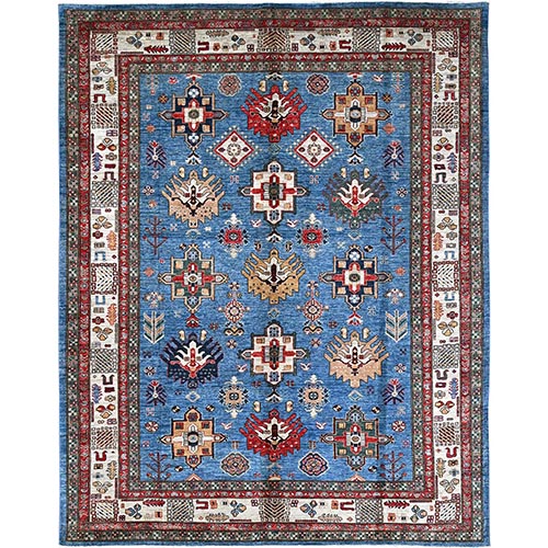 Azure Blue, Ivory Border, Afghan Super Kazak with Geometric Medallions, Vegetable Dyes Denser Weave, Natural Wool Hand Knotted, Oriental Rug