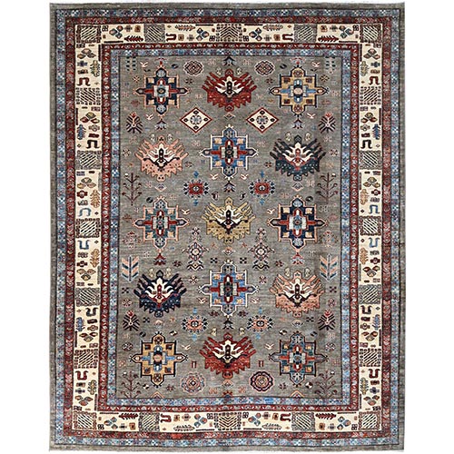 Supernova Gray, Natural Dyes Afghan Super Kazak with All Over Design Densely Woven Organic Wool, Hand Knotted, Oriental Rug