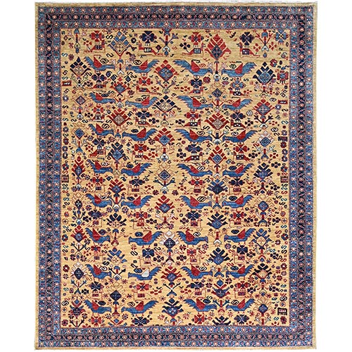 Soyabean Gold, Hand Knotted Afghan Super Kazak with All Over Small Birds Figurines, Natural Dyes Denser Weave, Shiny Wool, Oriental Rug