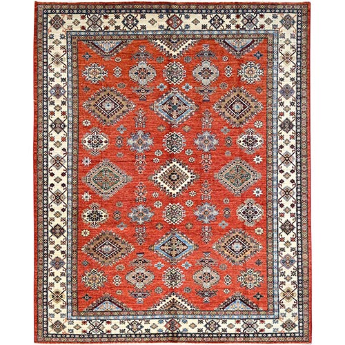 Real Red, Densely Woven 100% Wool, Hand Knotted Afghan Super Kazak with Tribal Medallions, Vegetable Dyes, Oriental Rug