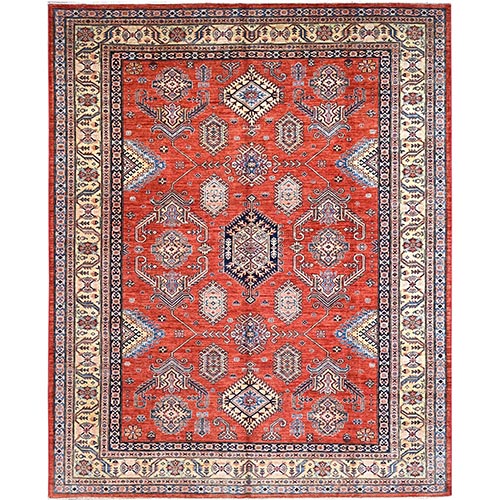 Gypsy Red and Pointing White, Denser Weave, Vegetable Dyes, Pure Wool, Afghan Super Kazak with Geometric Elements, Hand Knotted, Oriental Rug