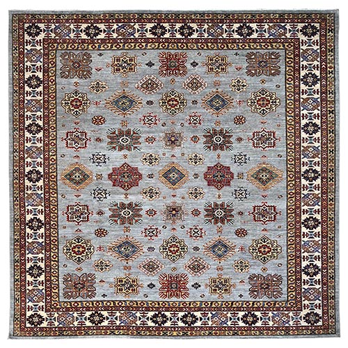 Nimbus Cloud Gray, Afghan Super Kazak with All Over Geometric Motifs, Natural Dyes, Hand Knotted, Organic Wool, Oriental Square Rug 