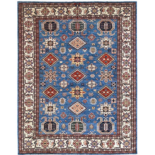 Dutch Blue With Incredible White, Very Fine Super Kazak Afghan Geometric Medallions Patter, Hand Knotted Vegetable Dyes, 100% Wool, Denser Weave, Oriental Rug