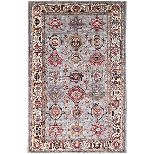 Metallic Gray, All Over Design, Vegetable Dyes, Soft Wool, Densely Woven, Afghan Hand Knotted Super Kazak Oriental Rug