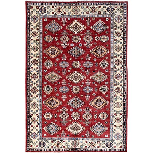 Fire Brick Red, Afghan Tribal Super Kazak With All Over Medallions, Natural Dyes, Soft and Velvety Pure Wool, Hand Knotted, Oriental Rug 