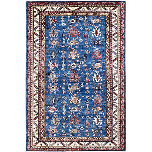 Cornflower Blue, Vegetables Dyes Afghan Super Kazak with Birds and Animal Figurines, Geometric Medallion Design Denser Weave, Hand Knotted Natural Wool Oriental Rug