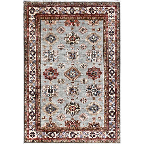 Parma Gray, Cloud White Border, Denser Weave, Hand Knotted Natural Dyes Afghan Super Kazak, All Over Geometric Motifs All Wool Oriental Rug
