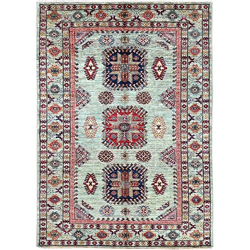 Celeste Blue, Afghan Super Kazak with Large Geometric Medallions Pattern 100% Wool, Densely Woven Vegetable Dyes, Hand Knotted, Oriental Rug