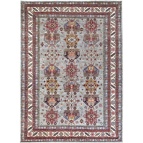 Suppernova Gray With Supper White, Vegetable Dyes, All Wool, Densely Woven Afghan Super Kazak, All Over Geometric Motifs, Hand Knotted, Oriental Rug