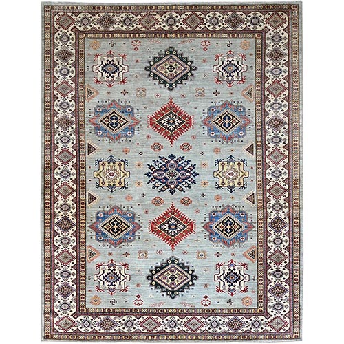 Tempered Gray, Afghan Super Kazak with Geometric Medallions Design, Natural Dyes, Denser Weave, Velvety Wool, Hand Knotted, Oriental Rug